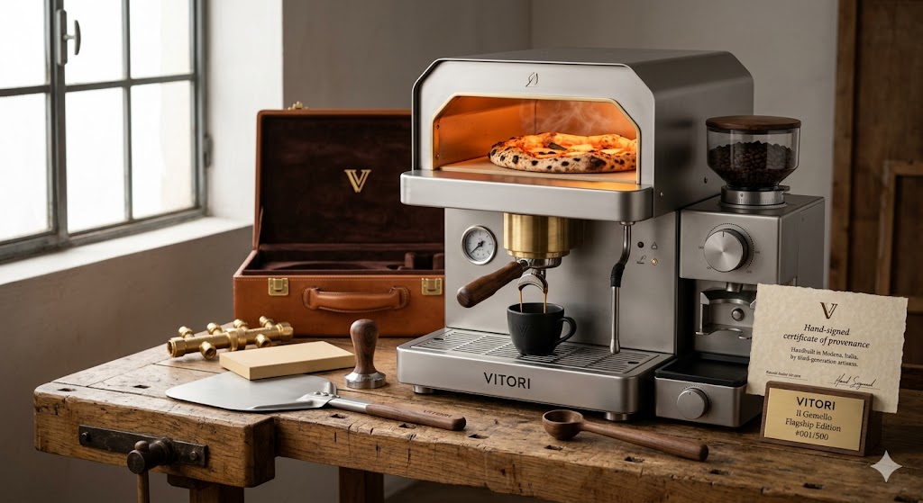 VITORI Il Gemello — Dual-chamber pizza oven and espresso machine with leather case and certificate of provenance